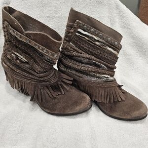 Naughty Monkey Brown Suede Strappy Corset Fringe Boho Hippie Ankle Boots